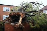Fierce weather jabs tree into roof. Generative AI