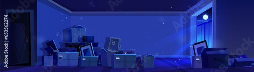 Dark night unfurnished room with stuff for new home in cardboard boxes. Cartoon vector of relocation and moving to new house. Midnight interior with moonlight through window and carton parcels.