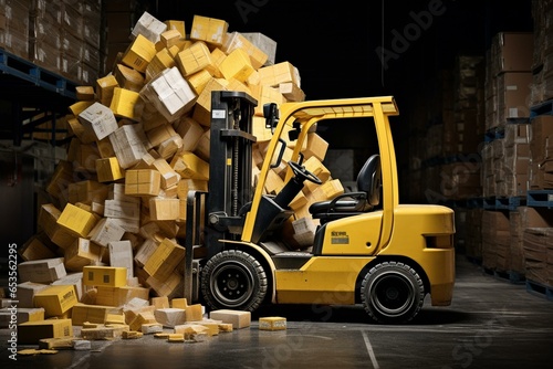 An excessive load causes a yellow forklift to tip forward. Generative AI