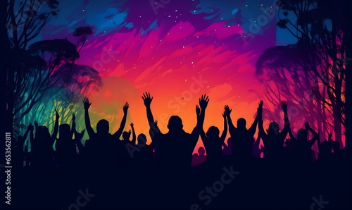 Dancing people silhouettes, people dancing at the party, colorful background