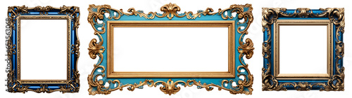 Blue carved wooden frame. Carved gilded frame on isolated background, Neoclassical full picture frame.