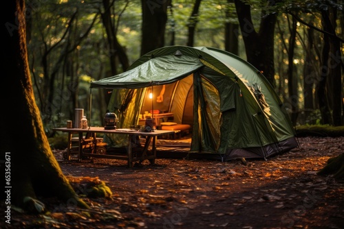 Serenity in the Woods: A Peaceful Camping Tent Amid a Vibrant Green Forest