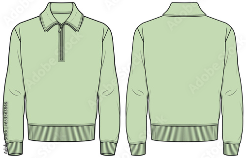 Men's long sleeve polo collar T Shirt flat sketch fashion illustration drawing template mock up with front and back view.
