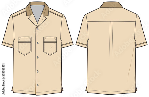 Men's short sleeve Bowling shirt flat sketch illustration with front and back view, Cuban collar mens  hawaiian resort aloha shirt for safari casual wear fashion illustration template mock up