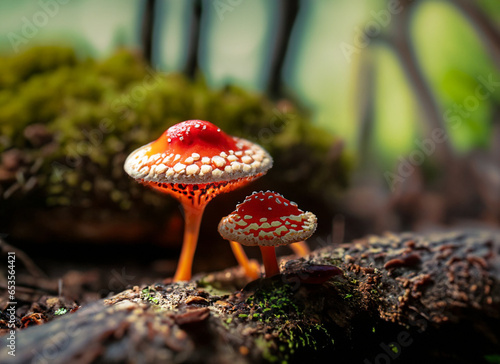 close up focused photo of tiny mushroom on the wood in the forest