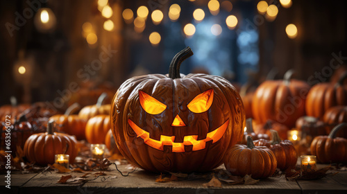 A pumpkin lantern with a sinister grin, positioned on wooden planks