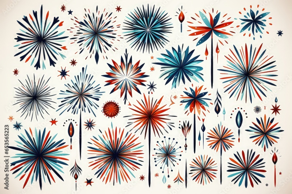 An abstract festive background image set against a white backdrop, displaying colorful fireworks patterns, creating a vibrant and celebratory atmosphere. Illustration An abstract festive background image set against a white backdrop, displaying colorful fireworks patterns, creating a vibrant and celebratory atmosphere. Illustration