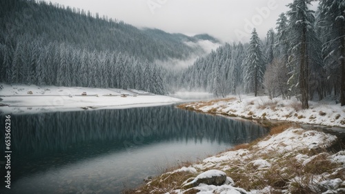 Beautiful winter landscape in the mountains. Lake in the mountains.