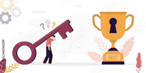 Tired businessman carry big heavy key to goal. loser entrepreneur cannot open way to success. Unsuccessful employee cannot overcome obstacles in work and win trophy or prize.