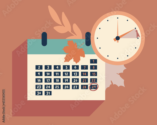 Fall Back in Europe 2023, change clock back one hour, Daylight Saving Time Ends web reminder banner in flat style. Clocks with arrow hand turning back an hour. Minimalist aesthetic web banner.