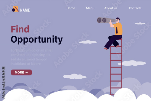 Find opportunity, landing page template. Confident businessman climb up ladder and uses spyglass for new job or career path. Ladder for business opportunity and goals.