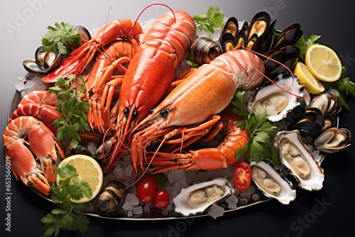 Assorted seafood on a black background