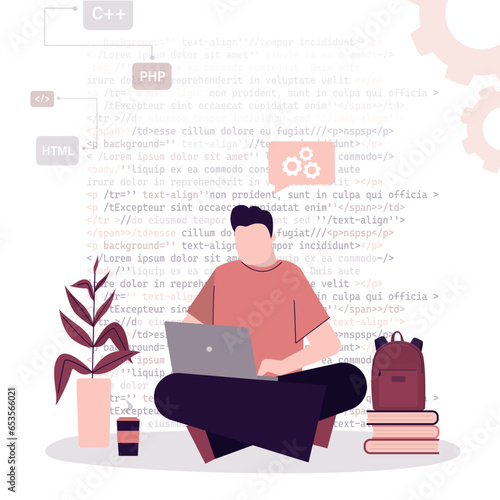 Programmer or coder working on laptop. Website designer, developer social media wireframe. Concept of front-end and back-end programming language PHP, HTML, CSS ,