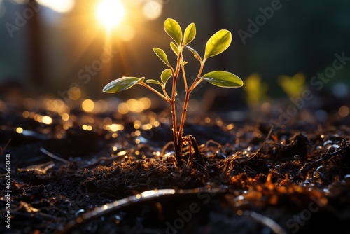 The Miracle of Growth: A Close-Up of a Young Plant Embracing the Morning Sunlight