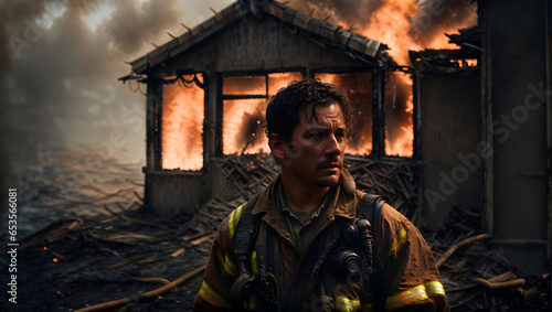 a tired, sweaty and dirty fireman in his 4th year stands and looks at the burning house, a huge fire with a lot of smoke
