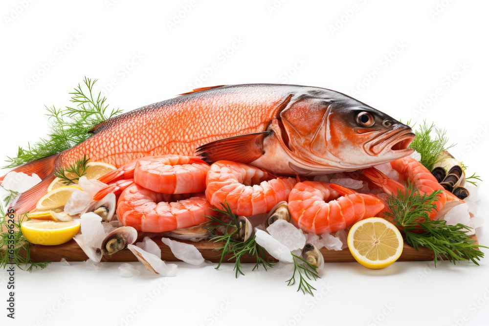 Assorted seafood isolated on a white background