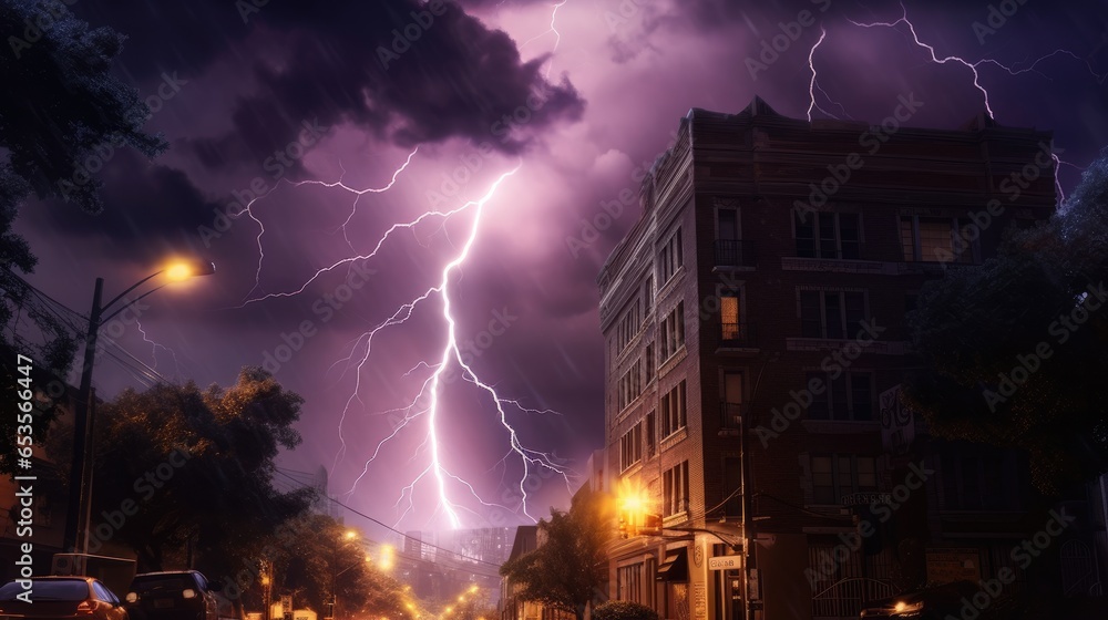 
Bright lightning over the city in the sky at night. Dangerous lightning, electric discharge. Storm with thunderstorm in the city. Rolling thunder and lightning. Dangerous thunderstorm. Generative ai