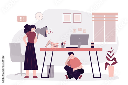 Angry woman boss yells at an employee through megaphone. Unhappy man sitting under desk and stressed from work, fear of superiors. Burnout, overload. Mental burden, pressure.