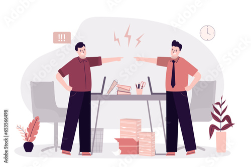 Two businessman quarreling in office room. Conflict between colleagues. Business disagreements and problems at work. Furious people shouting at each other. blame,
