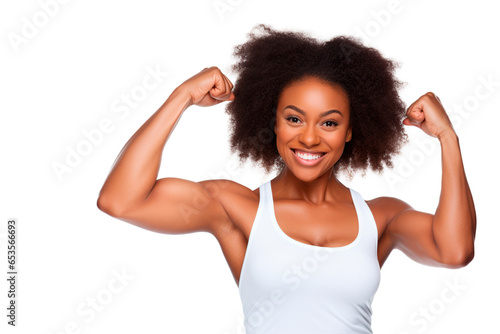 Photo with space for text of an attractive young muscular African woman showing her biceps