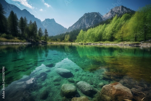 Mountainous lake scenery. Generative AI © Beatriz