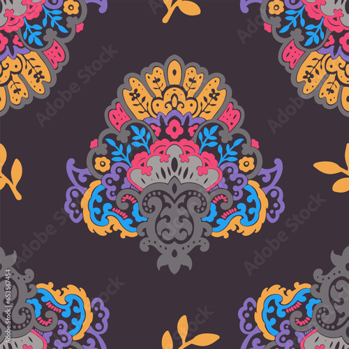 Blooming vintage flowers and leaves, pattern print