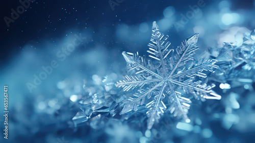 A close up of a snowflake in front of the blue background, in the style of crystalcore, depictions of inclement weather, soft-focus, silver and blue, white background, bold and angular
