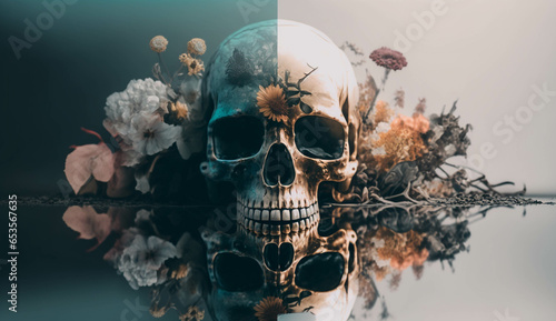 Human skull with flowers on blue background. Dark art. photo