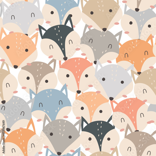 Seamless pattern with cute fox. Cartoon animal background. Vector illustration, for print, fabric, wallpaper, wrapping, poster