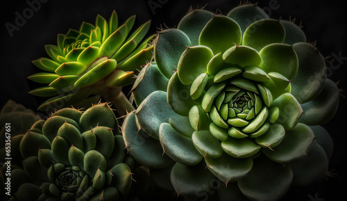Stunning green succulent background with healthy plants on black backdrop. Epic light plant banner.