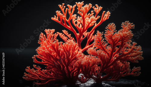 Beautiful red coral on black background. Illuminated with the contour light.  photo