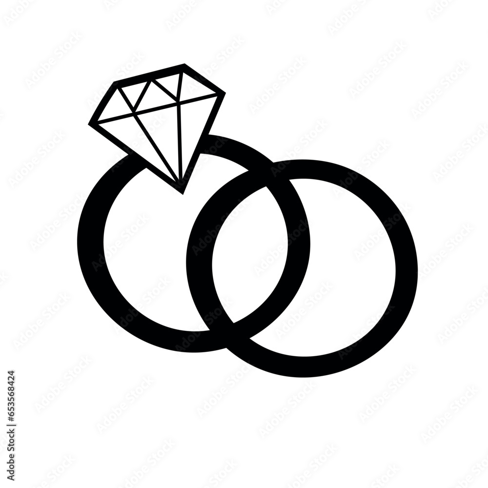 Rings with diamond icon. Outline and silhouette ring. Vector illustration isolated on white background. Wedding symbol. Rings with diamond icon. Outline and silhouette ring. Vector illustration isolated on white background. Wedding symbol.