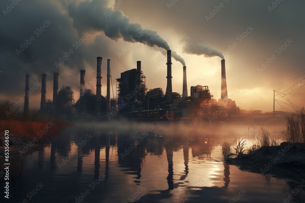 Industrial facility with chimney emitting pollutants and atmospheric haze. Generative AI