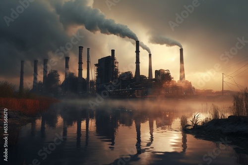 Industrial facility with chimney emitting pollutants and atmospheric haze. Generative AI