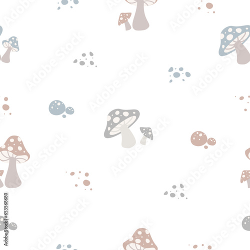 Cute seamless pattern with mushroom. Doodle cartoon. Vector illustration, for print, fabric, wallpaper, wrapping, poster