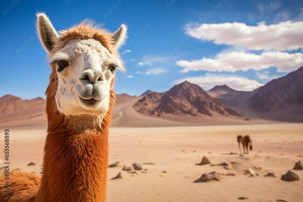 Llama Alpaca in the Atacama Desert, gazing, Chile, Peru. Generative AI