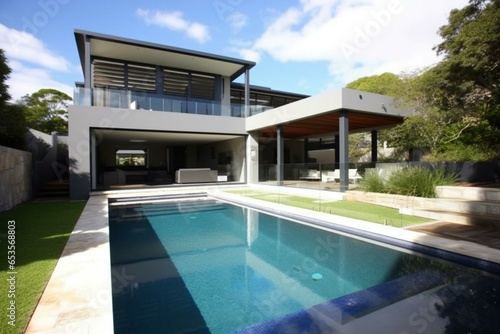 Stunning contemporary house featuring a beautiful garden and pool. Generative AI © Sophia