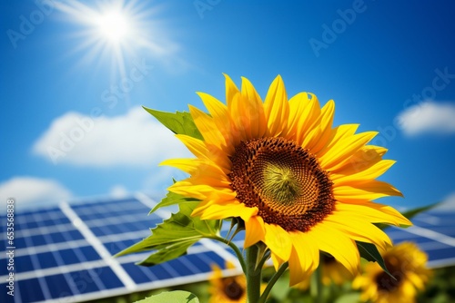 sunflower with solar panels and sun  representing clean energy. Generative AI