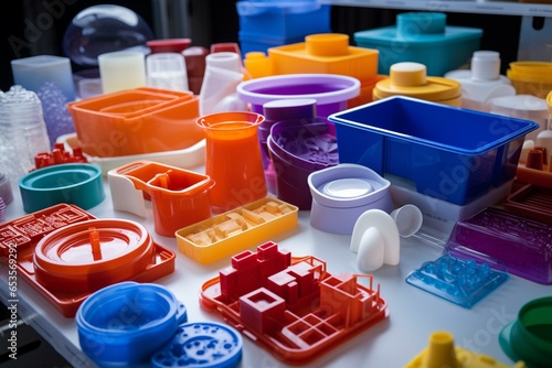 3D mold, plastic, resin, cups, boxes, toolboxes. Production process for plastic mold using injection molding machine and polymers. Generative AI