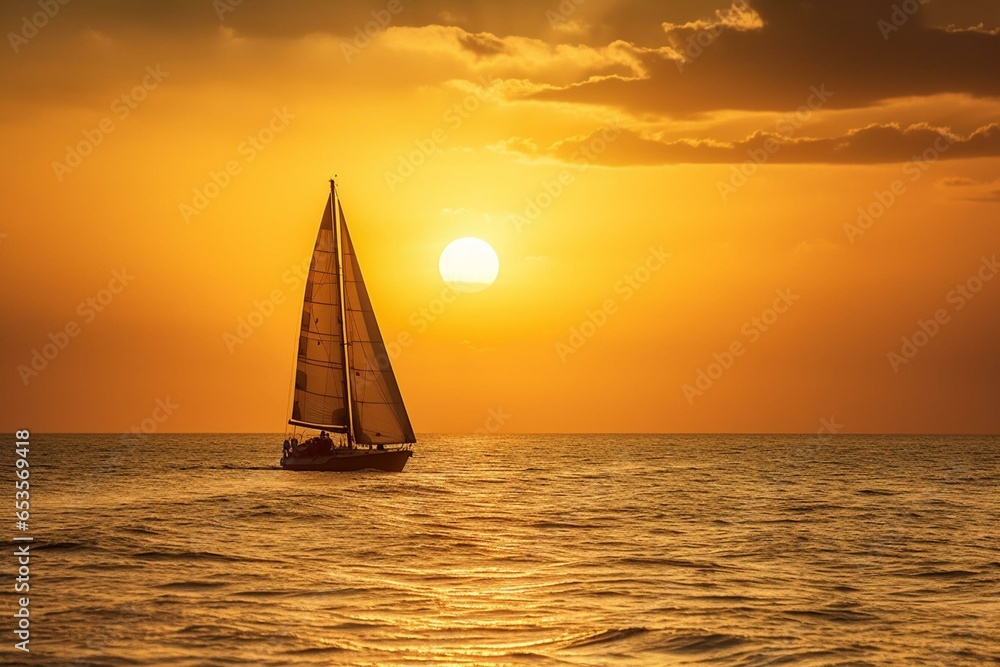 sailboat under golden sunset. Generative AI