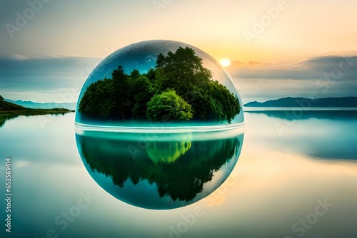 green trees and jungle enclosed in the large bubble, green environment representation 