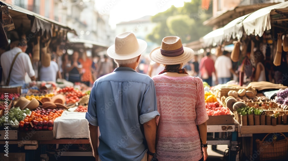 A senior couple enjoying their time traveling, exploring an outdoor market bustling with various stalls. They are seen engaging with local vendors, immersing themselves in the vibrant atmosphere.