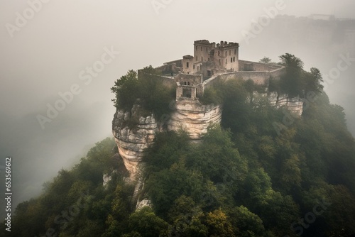 Image of an enigmatic fortress rising from a vast misty haze. Generative AI