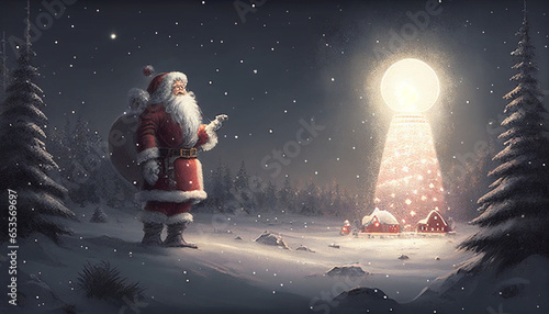 Weihnachtsmann im schneebedeckten Wald mit großen beleuchteten Weihnachtsbaum im Schnee in der Natur Generative AI 