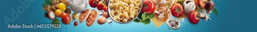 Web page banner of famous Italian food recipes on clean blue background. 
