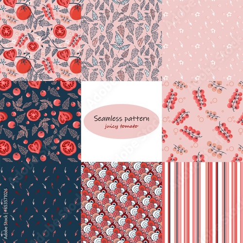 Vector vintage background with fresh vegetables tomatos  Color hand drawn illustration with full , halves and slices tomatoes and leaves  . Template for label or card design.