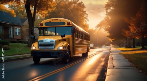 Yellow American school bus driving on city road, Back to school.