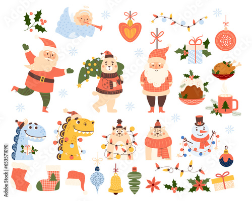 Christmas cartoon big set. New Year characters Santa Claus  bear with tree  snowman with garland  little angel  dragon  cat and traditional food and holiday decorations. Vector illustration