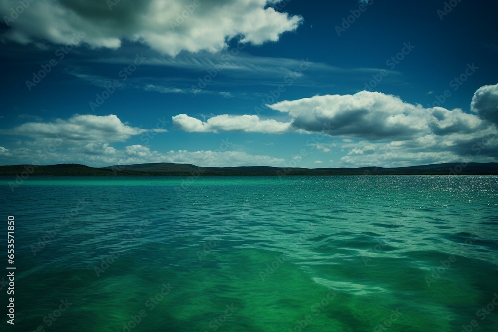 Background: green water, blue clouded skies. Generative AI
