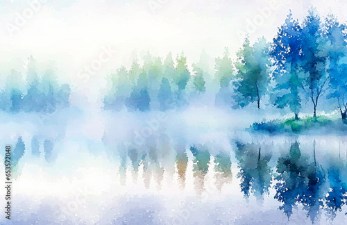 Watercolor sketch, white, blue, morning fog with ponds and trees. Generative AI © Joesunt